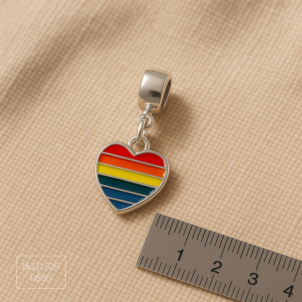 Berloque Coração G Rainbow Pendurado Esmaltado Prateado